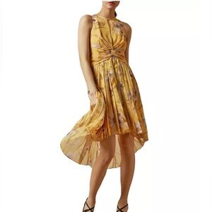 Ted Baker Fabulas Pleated High Low Midi Dress Yellow Floral Sz 4